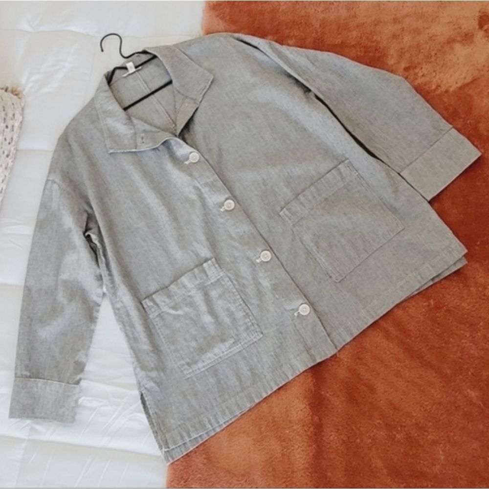 Eileen Fisher Organic Cotton & Linen Jacket Lagenlook Ticking Stripe sz Medium